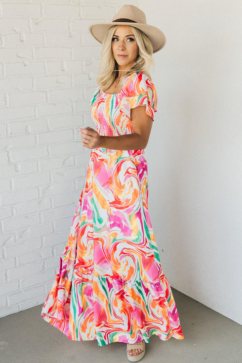 Pink Abstract Print Ruffled Sleeve Smocked Bust Maxi Dress